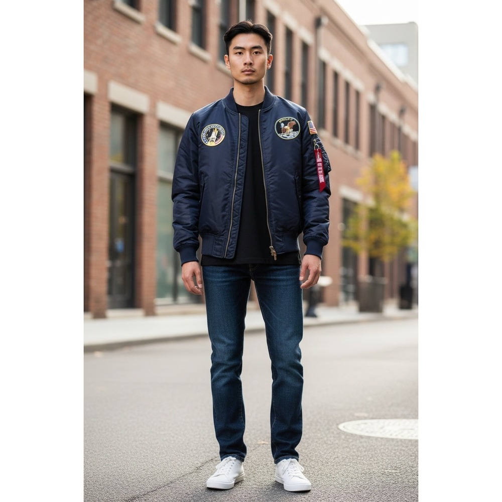 DA FEILI Men's Bomber Jacket Apollo 11 Space Mission Patches Navy Blue‎ Size S